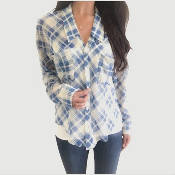 FREE PEOPLE Gingham Sheer Button High Low Top - Picture 1 of 6